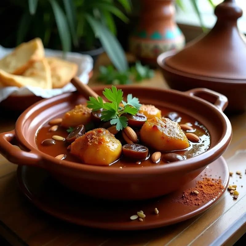 Tajine de pollo con dátiles y almendras servido en un plato de barro tradicional marroquí, con trozos de pollo dorado, dátiles brillantes, almendras tostadas y cilantro fresco, sobre una mesa de madera rústica.