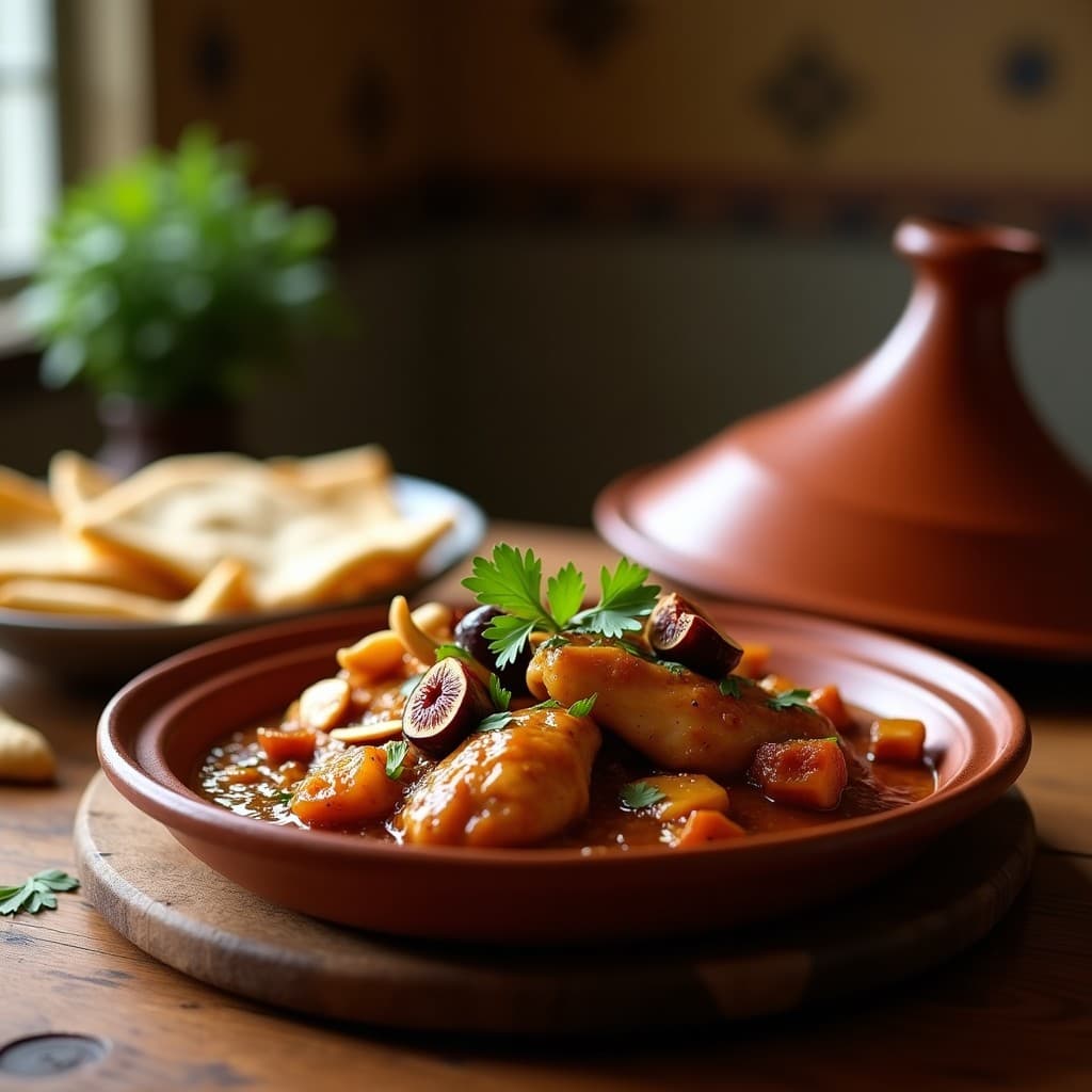 Tajine de pollo con higos y almendras servido en un plato de barro tradicional, con muslos de pollo dorados bañados en salsa espesa, higos secos caramelizados y almendras tostadas. Decorado con cilantro fresco y acompañado de pan de pita. Receta marroquí en olla lenta con toque dulce-salado.