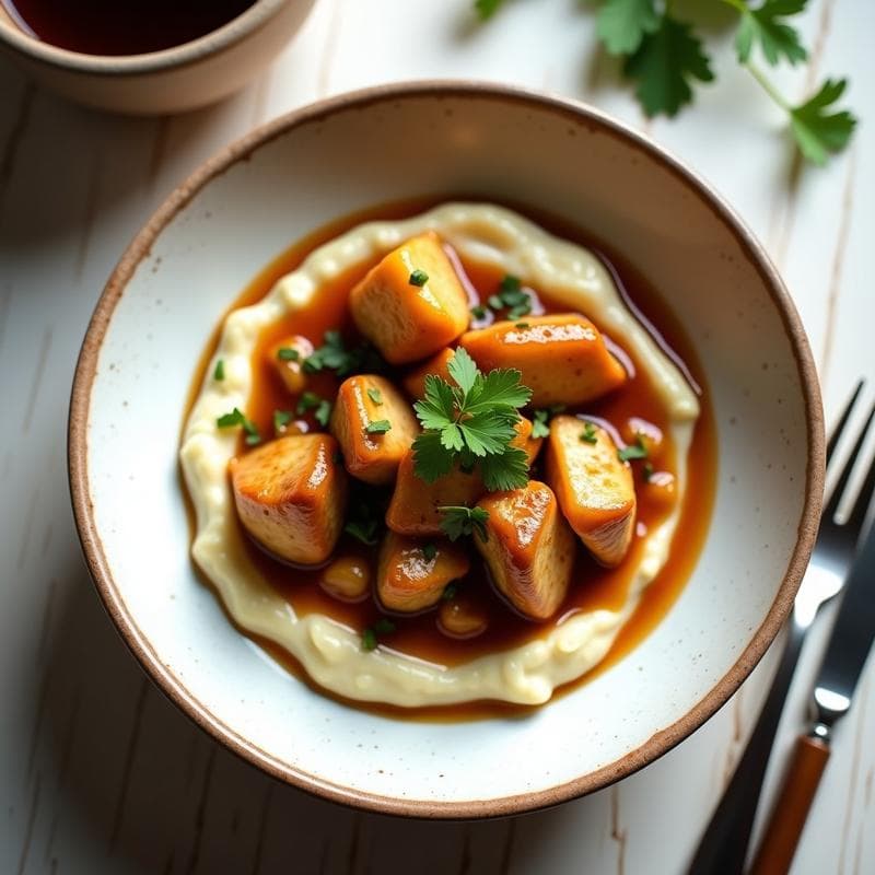 Plato hondo de cerámica blanca con Tajín de Pollo al Miso Keto sobre un puré de coliflor cremoso, decorado con perejil fresco. El pollo en trozos dorados con salsa espesa y brillante, servido con fondo de texturas suaves y colores tierra.