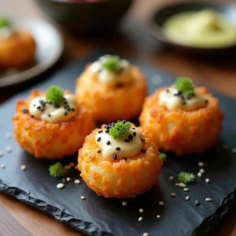 Takoyaki de coliflor y camarones dorados en molde, con salsa de mayonesa japonesa con wasabi, algas nori y semillas de sésamo negro. Plato de aperitivo japonés low-carb crujiente en airfryer.