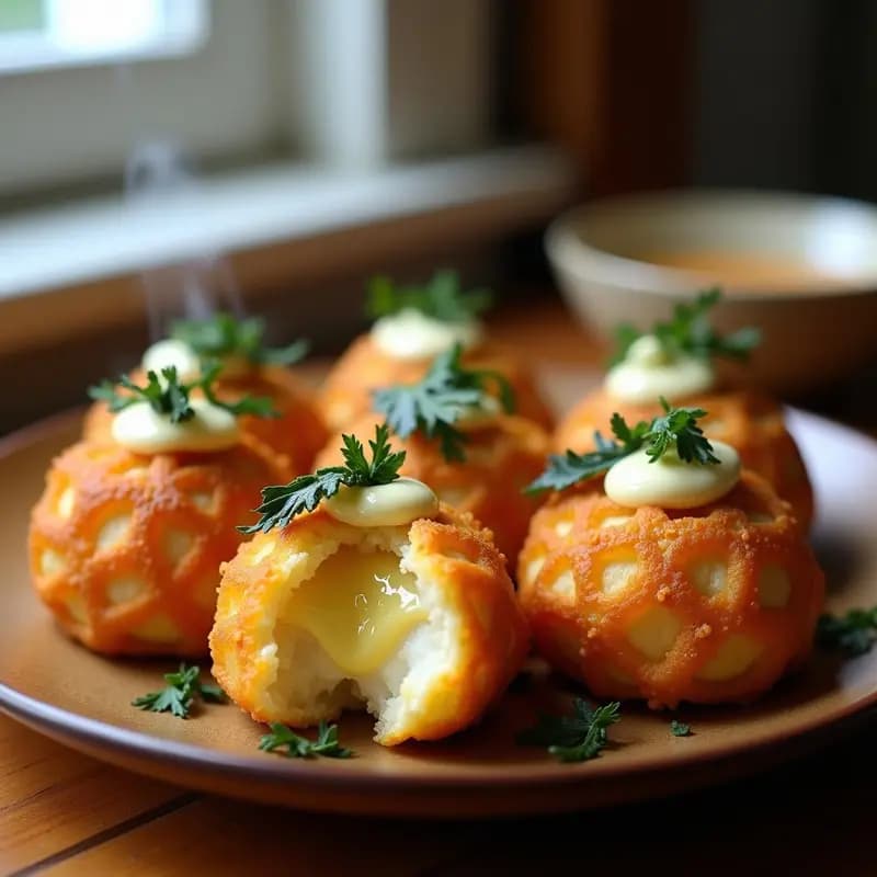 Takoyaki vegano de coliflor y queso edam dorados y crujientes servidos en plato de madera, decorados con alga nori y mayonesa vegana, receta japonesa en airfryer.