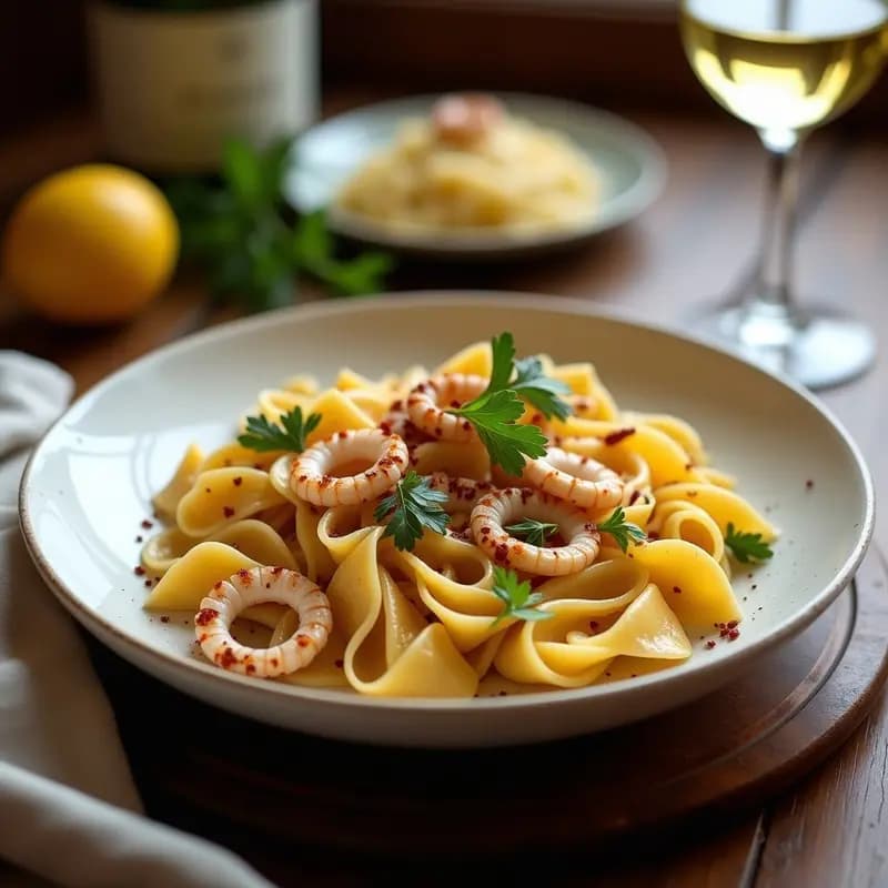 Plato hondo de cerámica blanca con Talamone Italiano, pasta en forma de monedas grandes, mezclada con calamares salteados, ajo dorado y perejil fresco. Fondos dorados y textura cremosa, servido con una rodaja de limón y un chorrito de aceite de oliva virgen extra.