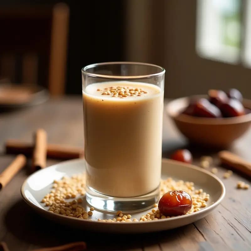 Vaso de cristal transparente con talbina de dátiles y canela, bebida árabe cremosa de color beige claro, decorada con semillas de sésamo tostadas y láminas de dátil Medjool. Fondo con especias y textura rústica de madera, iluminación cálida.