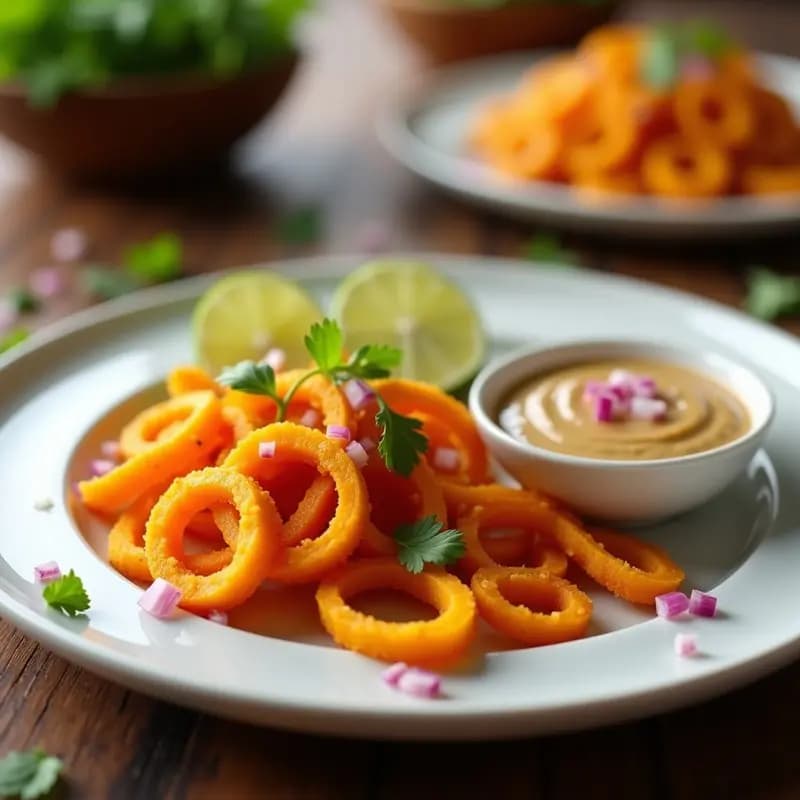 Plato blanco con tallares de calabaza butternut dorados y crujientes, acompañados de salsa cremosa de cacahuete y lima en un bol pequeño, decorados con cebolla morada y cilantro fresco. Receta peruana en airfryer.