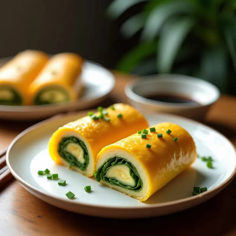 Rollo de tamagoyaki japonés cortado en porciones, mostrando capas de huevo esponjoso, espárragos trigueros verdes y queso Philadelphia cremoso. Servido en plato blanco con cebollino fresco y salsa de soja al lado.