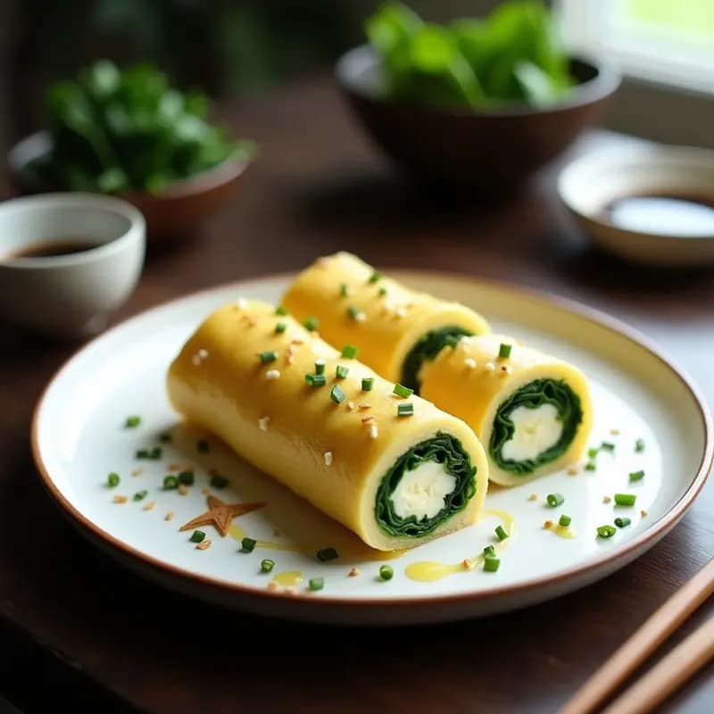 Rollo de tamagoyaki japonés Motenashi con capas de espinacas verdes y queso cream, cortado en porciones sobre un plato de cerámica blanca, decorado con cebollino fresco y un chorrito de aceite de sésamo.