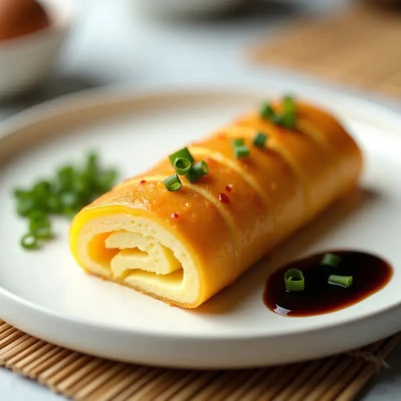 Rodajas de tamagoyaki japonés keto dispuestas en un plato blanco, mostrando capas doradas y esponjosas con un brillo suave. Acompañado de un chorrito de salsa de soja y semillas de sésamo tostadas espolvoreadas, sobre un fondo de madera clara.