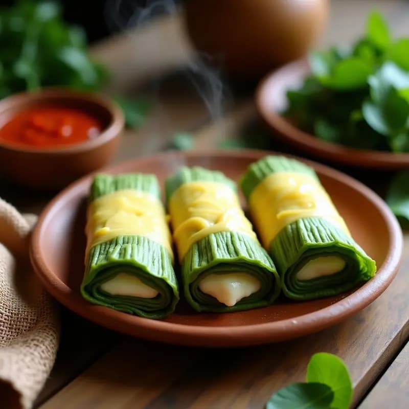 Tamales de chipilín y queso fresco veganos envueltos en hojas de plátano, servidos en un plato de barro rústico con salsa de tomate al lado, receta guatemalteca sin gluten.