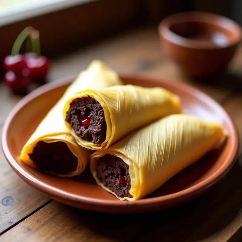 Tamales dulces guatemaltecos envueltos en hoja de maíz, abiertos para mostrar su interior esponjoso de chocolate oscuro con guindas brillantes en almíbar, servidos en un plato de barro rústico con detalles tradicionales.