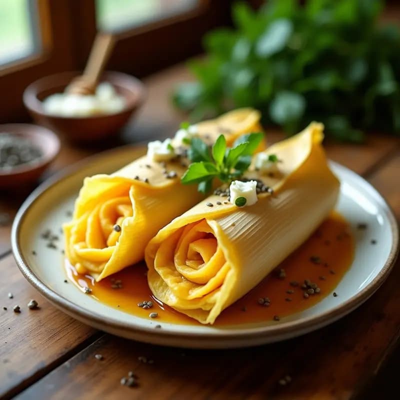 Tamales de elote y queso de cabra abiertos en forma de espiral dorada sobre hoja de maíz, con miel y semillas de chía, receta mexicana dulce-salada viral para redes sociales.