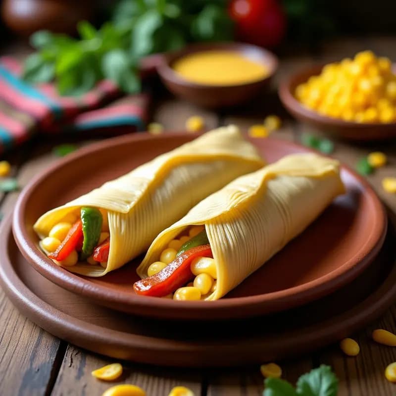 Tamales de elote y rajas con queso vegano envueltos en hojas de maíz, servidos en un plato de barro con rajas asadas y queso derretido visible, receta mexicana tradicional sin lácteos.