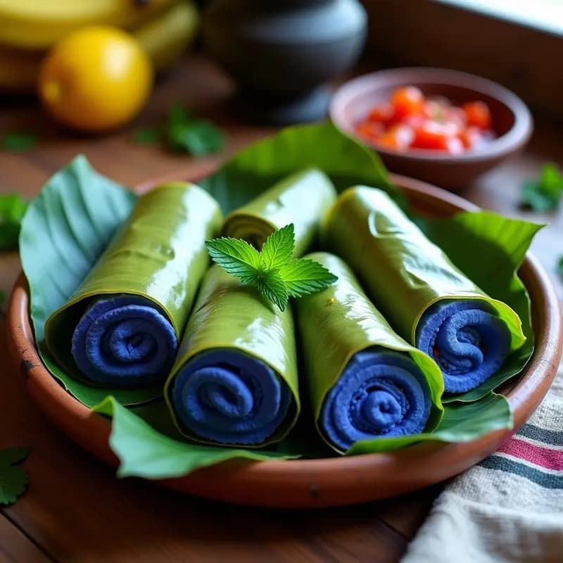 Tamales guatemaltecos de harina de maíz azul con queso de cabra, envueltos en hojas de plátano, servidos en un plato de barro con hierbabuena fresca y salsa de tomate al lado.