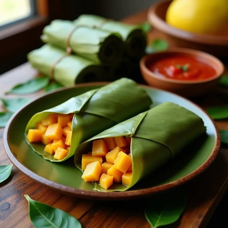 Tamales de hoja de plátano abiertos mostrando su relleno de ayote en cubos dorados y queso de cáscara derretido, sobre una mesa rústica con hojas de plátano de fondo. Receta costarricense tradicional.