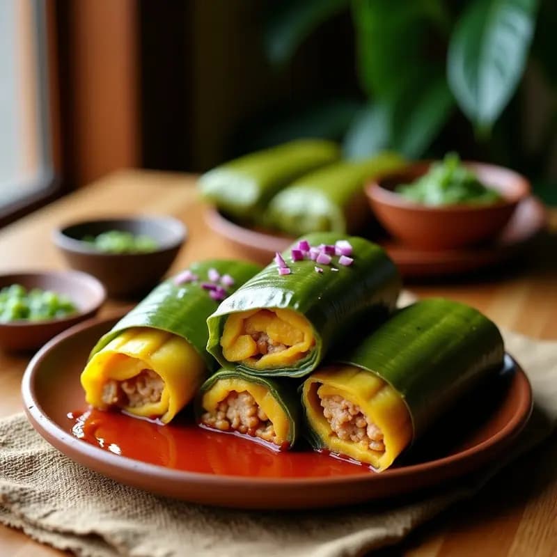 Tamales de hoja de plátano abiertos mostrando masa amarilla de maíz nixtamalizado y trozos de cerdo en adobo rojo, servidos en plato de barro sobre fondo rústico.