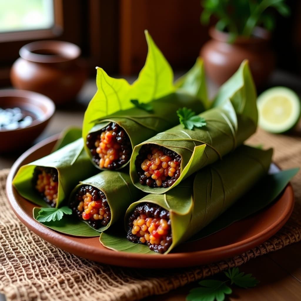 Tamales veganos oaxaqueños envueltos en hoja de plátano, abiertos para mostrar el relleno de jackfruit desmenuzado bañado en mole negro brillante, servidos sobre un plato de barro con hierbas de epazote frescas.