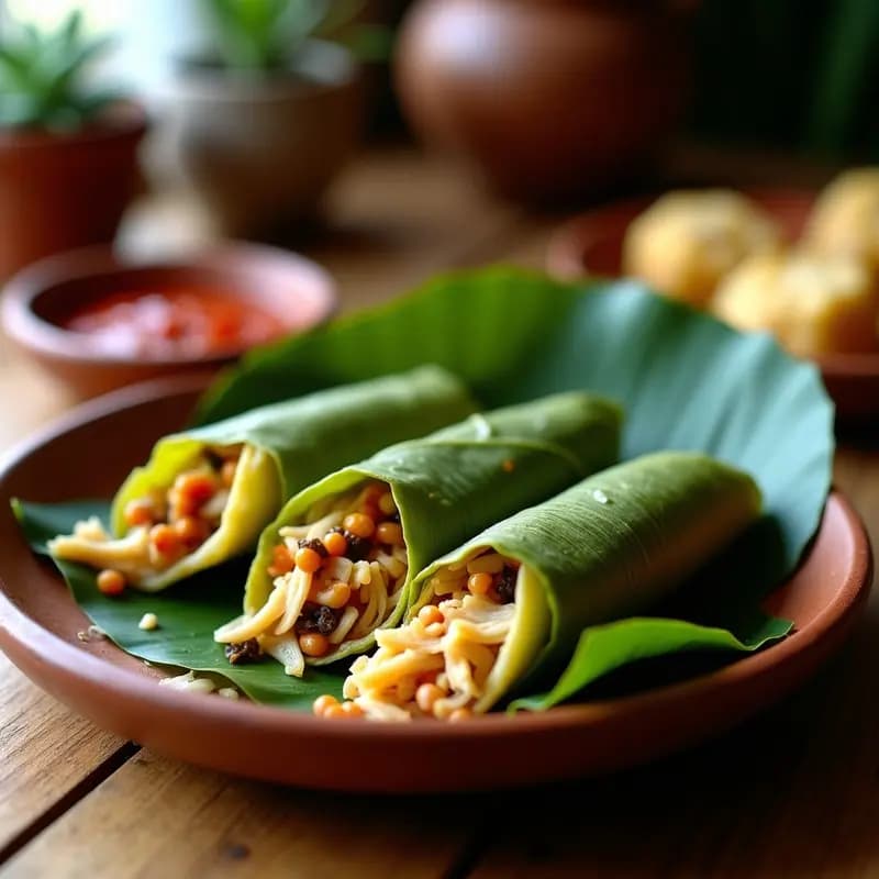 Tamales guatemaltecos tradicionales envueltos en hoja de plátano, abiertos para mostrar el relleno de pollo desmenuzado y chile poblano asado, con masa de maíz amarilla y semillas de sésamo. Plato servido en canasta de mimbre con fondo rústico.