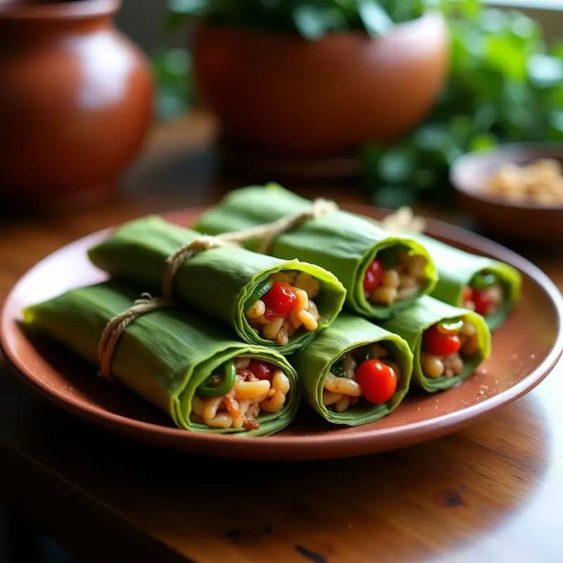 Tamales de masa de yuca rellenos de pollo y pimientos asados, envueltos en hojas de bijao, servidos en un plato de barro con un fondo rústico. Receta colombiana sin harina de maíz.