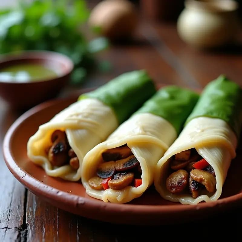 Tamales de masa de yuca y relleno de champiñones veganos, envueltos en hojas de bijao, servidos en un plato de barro con ají verde al lado. Receta sin maíz, esponjosa y con textura dorada en el relleno.