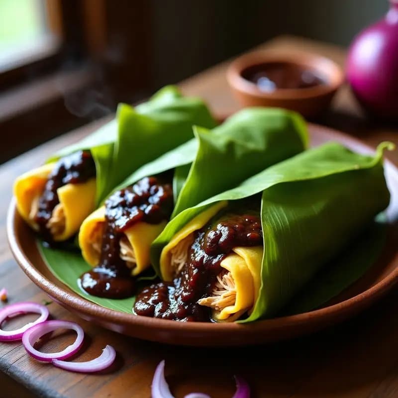 Tamales oaxaqueños de mole negro servidos en hoja de plátano abierta, mostrando la masa amarilla y el relleno de pollo bañado en mole negro brillante, acompañados de cebolla morada en rodajas. Receta tradicional mexicana.