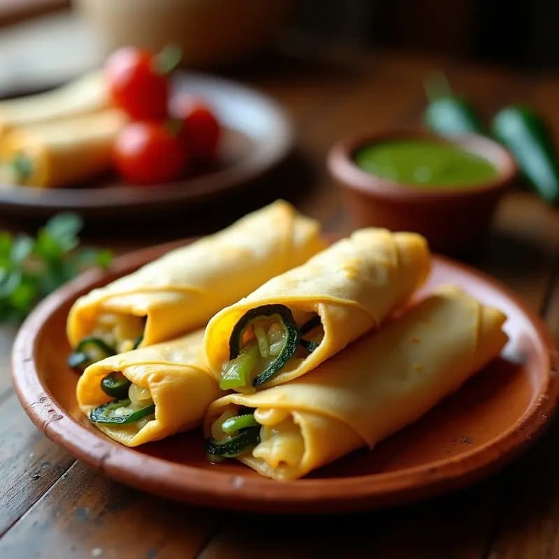 Tamales mexicanos tradicionales de rajas con queso Oaxaca envueltos en hoja de maíz, abiertos para mostrar el relleno cremoso y las rajas de poblano asadas, servidos en un plato de barro rústico con salsa verde al lado.