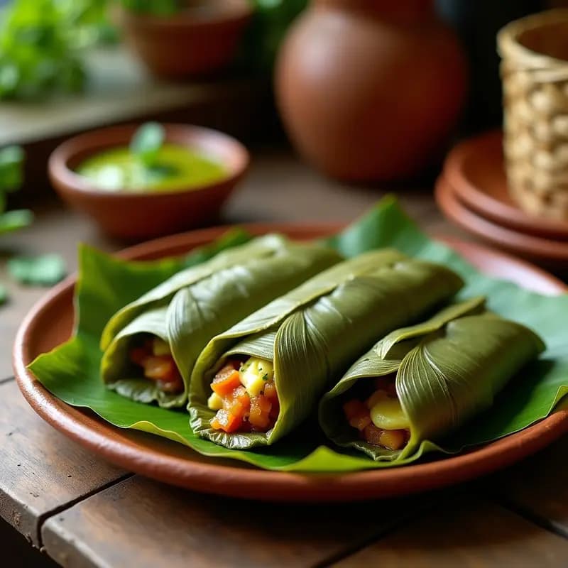 Tamales de rajas con queso vegano envueltos en hoja de plátano, servidos en un plato de barro con salsa verde al lado, receta mexicana sin lactosa en Thermomix.