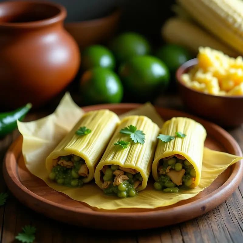 Tamales verdes de pollo y tomatillo servidos en hoja de maíz, con salsa verde espesa y crema ácida, sobre un plato de barro rústico. Receta tradicional mexicana en olla lenta.