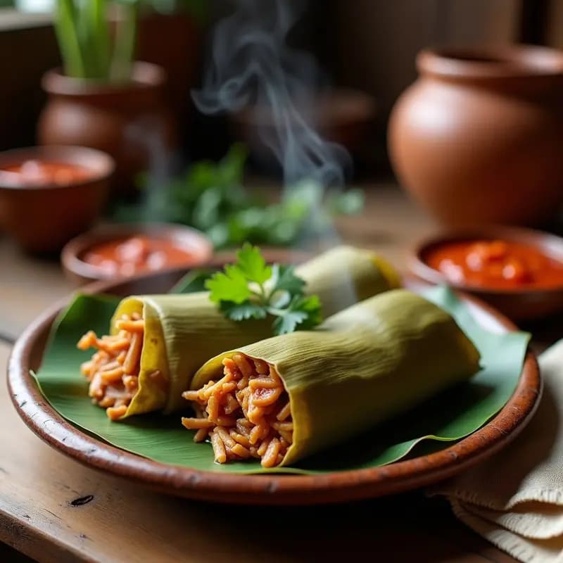 Tamales de masa de yuca y hoja de plátano rellenos de cerdo, receta guatemalteca tradicional servidos en plato de barro con salsa de tomate al lado.