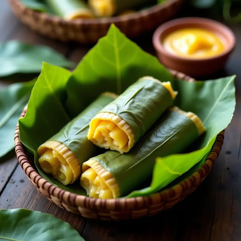 Tamales de yuca y queso vegano envueltos en hojas de plátano, abiertos para mostrar su relleno cremoso de espinacas y queso de almendras, servidos en una canasta de mimbre sobre un mantel rústico. Receta colombiana sin gluten.
