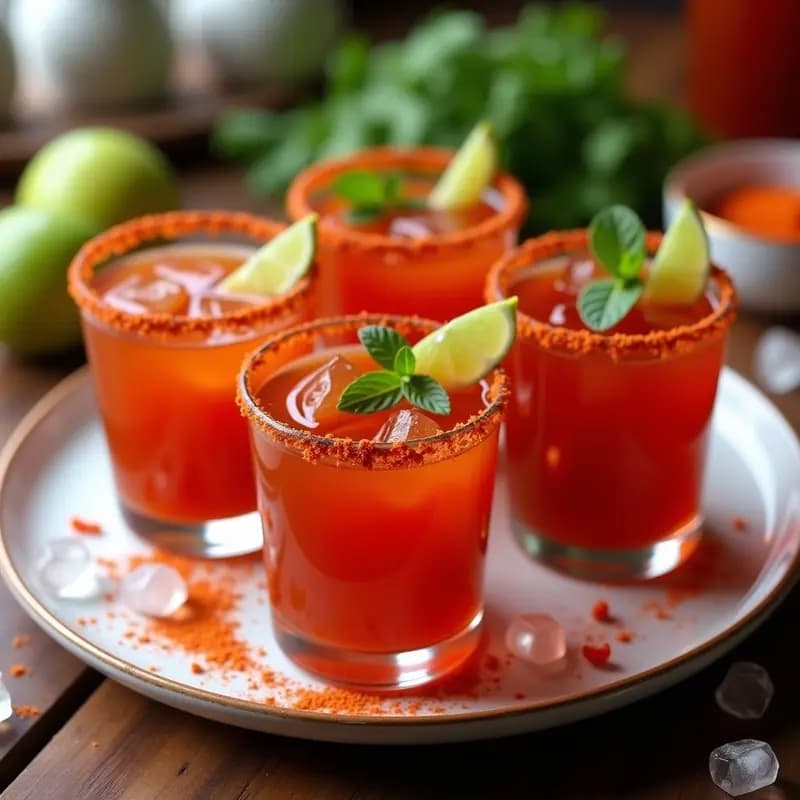 Vasitos pequeños de cristal llenos de tamarindo shots energéticos, con bordes escarchados de chile en polvo, decorados con rodajas de limón y hojas de menta fresca, sobre una mesa rústica de madera con hielo picado alrededor.