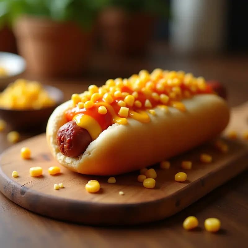 Tamdog coreano en palito de madera con pan dorado, salchicha jugosa, queso cheddar fundido y cobertura brillante de maíz dulce y salsa de tomate, servido en bandeja de madera rústica.