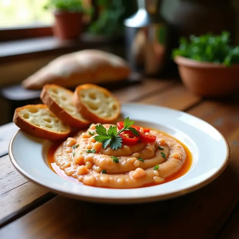 Plato hondo de cerámica blanca con tamis de camarones al ajillo de textura cremosa y color rosado, decorado con perejil fresco y rodajas de guindilla roja. Acompañado de rebanadas de pan tostado y un hilo de aceite de oliva virgen extra. Receta española tradicional en sartén antiadherente.