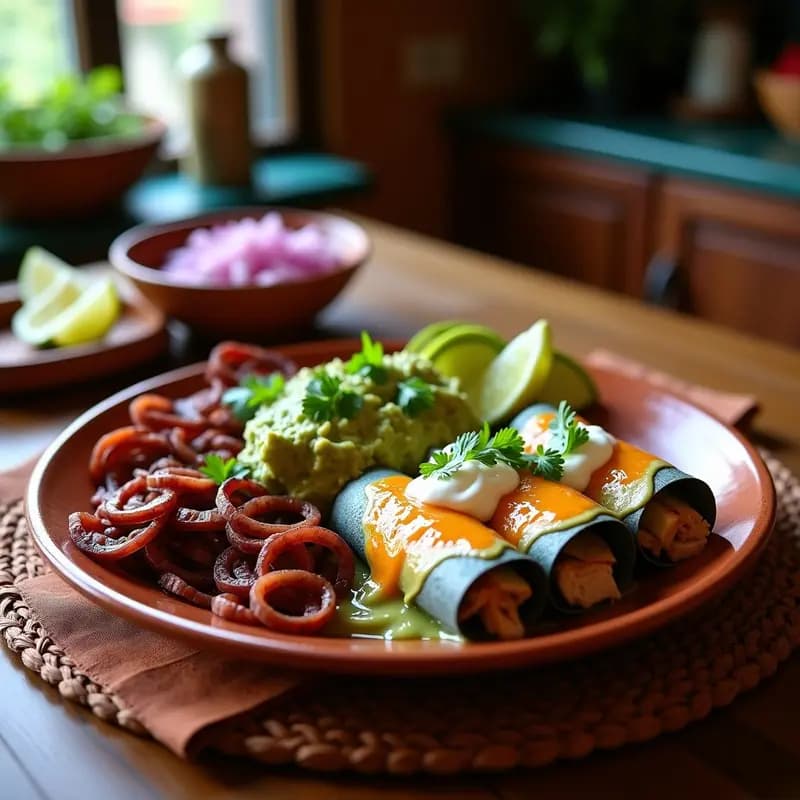 Plato de Tampiqueña Mexicana con filete de res asado en tiras, enchiladas suizas bañadas en salsa verde cremosa, guacamole con semillas de granada y arroz con frijoles. Decorado con cilantro fresco y servido en vajilla de barro.