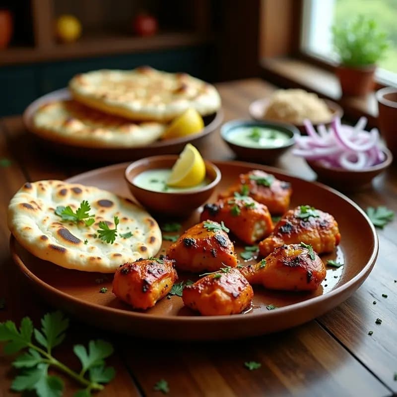 Plato indio tradicional con trozos de Tandoori Chicken dorados y especiados, acompañados de Garlic Naan dorado y esponjoso con ajo visible. Decorado con cilantro fresco y rodajas de limón sobre una mesa de madera rústica.