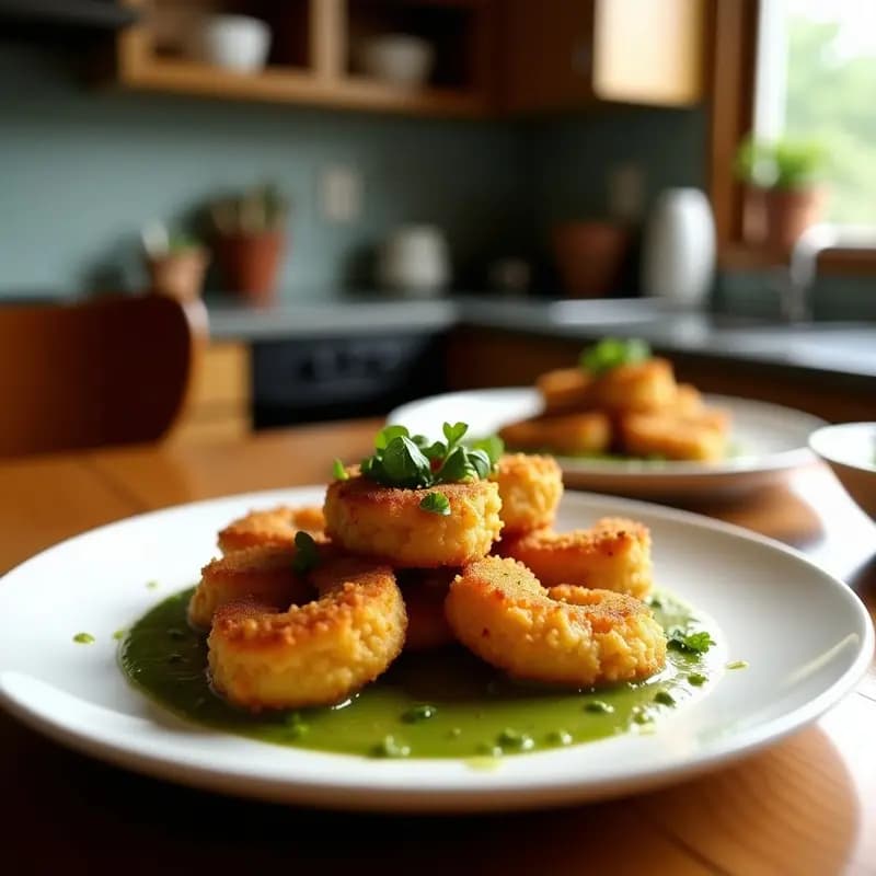 Plato de tánticos de chicharrón peruanos con pan tostado dorado, chicharrón crujiente, cebolla morada en juliana y salsa verde cremosa, servidos sobre una mesa de madera rústica con rodajas de limón al lado.