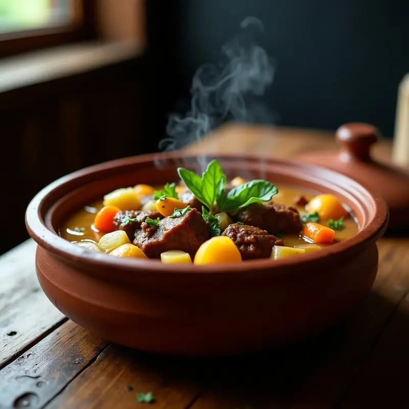 Olla de barro humeante con Tapado Costarricense: estofado espeso de carne de res, trozos dorados de yuca y rodajas de plátano verde, decorado con cilantro fresco y servido en un plato rústico de cerámica.