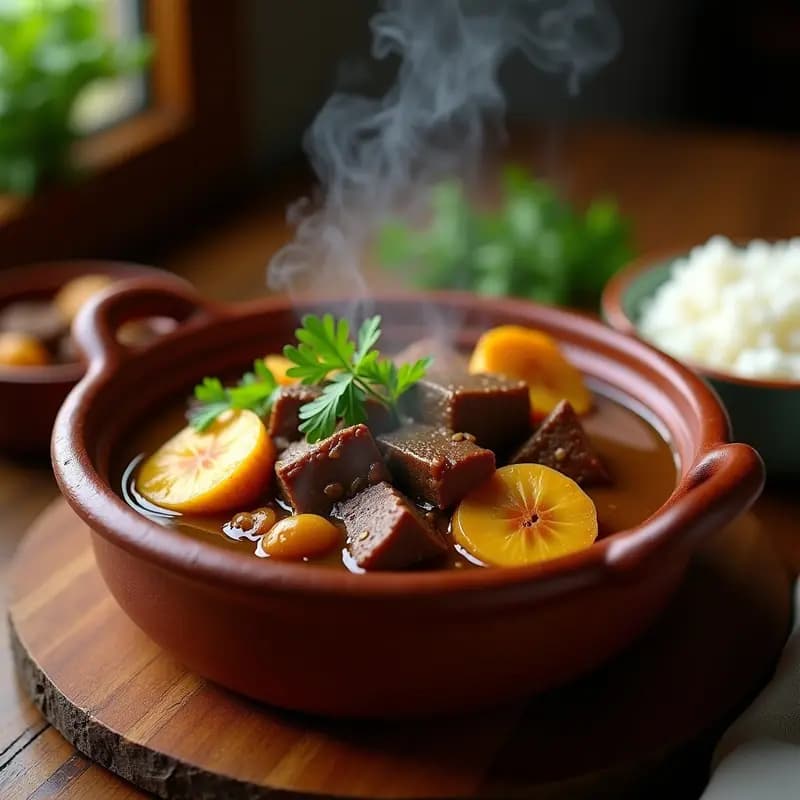 Olla de barro humeante con tapado de res y plátano maduro costarricense, carne tierna en caldo espeso con rodajas de plátano caramelizado, yuca y cilantro fresco, servido en plato rústico de madera.