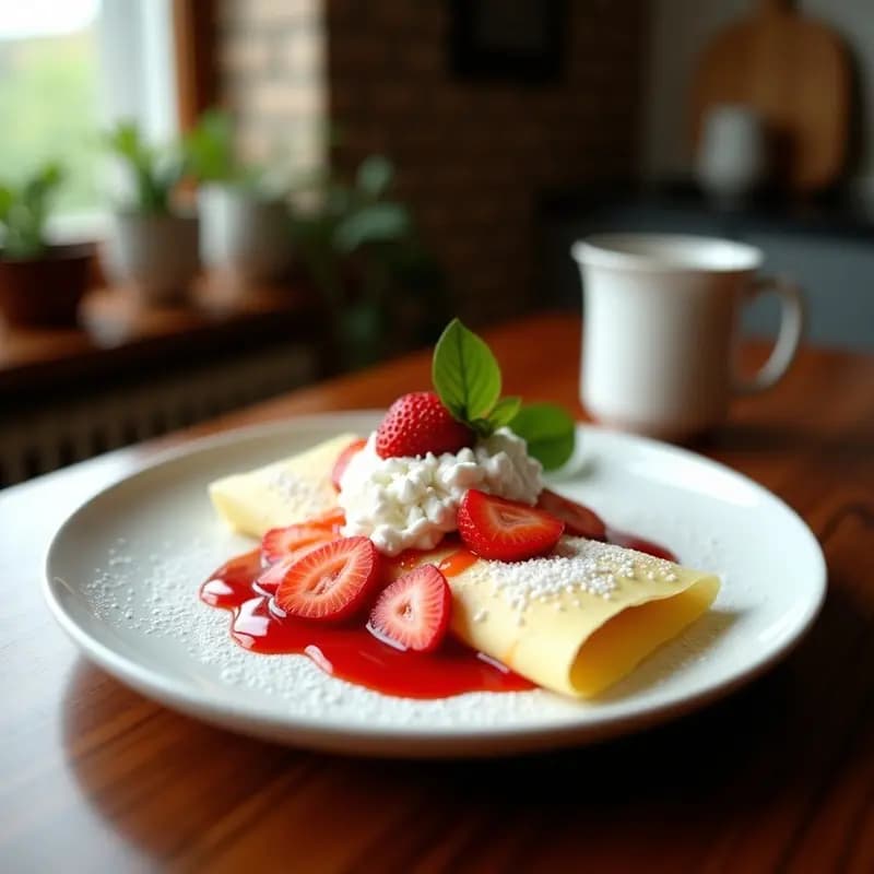 Tapioca crepe dorado y flexible relleno de crema de coco esponjosa y fresas frescas en láminas, servido en plato blanco con ralladura de limón y sirope brillante.