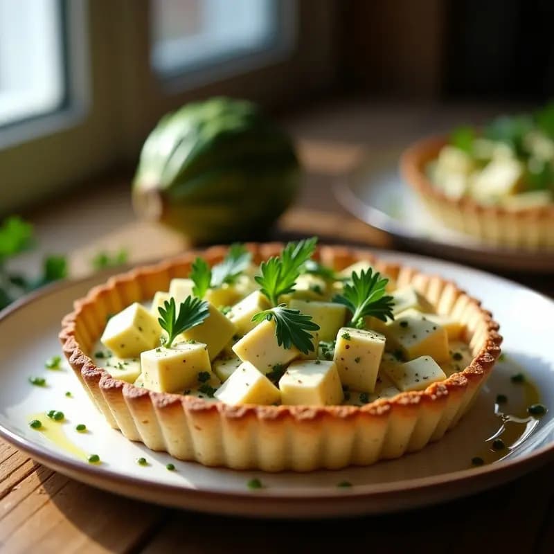 Tarta vegana de alcachofa y tofu sedoso con costra dorada de semillas de chía, servida en plato blanco con perejil fresco y aceite de oliva.