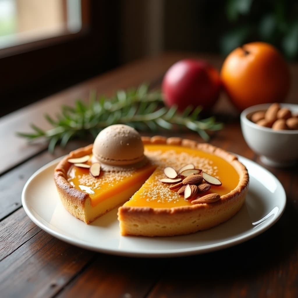 Tarta dorada de almendra y membrillo en molde redondo con porción servida en plato blanco, acompañada de bola de helado de turrón cremoso y almendras fileteadas tostadas, postre español sin gluten.
