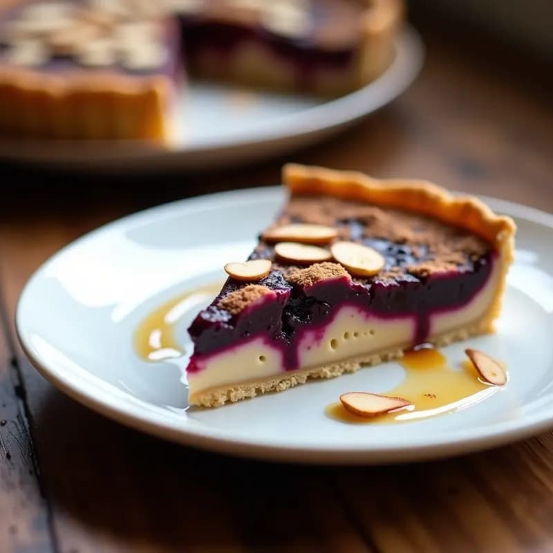 Tarta fría de avena con capas de compota de ciruela umê, decorada con almendras fileteadas tostadas, servida en plato blanco sobre fondo rústico.
