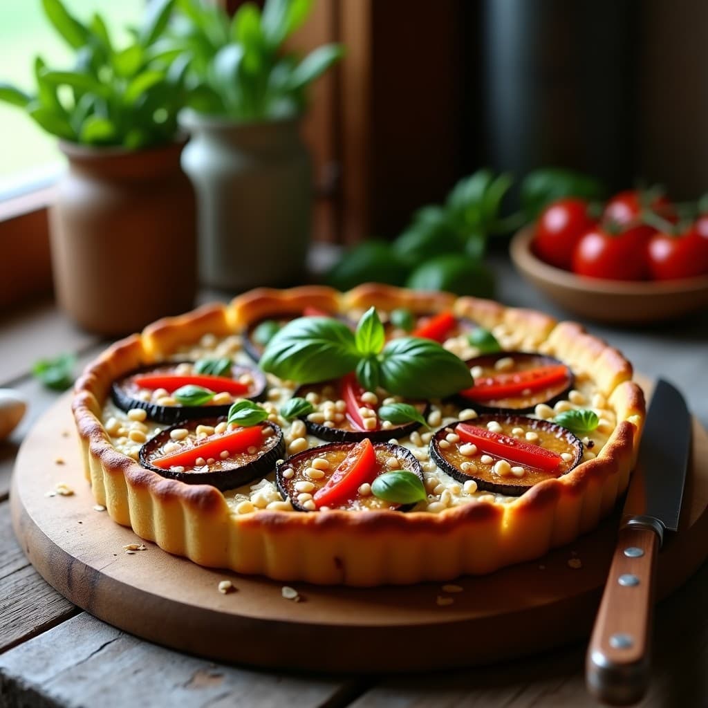 Tarta salada italiana sin masa en airfryer, con capas de berenjena asada dorada, relleno cremoso de ricotta y tomates secos, decorada con albahaca fresca y piñones tostados sobre fondo rústico.