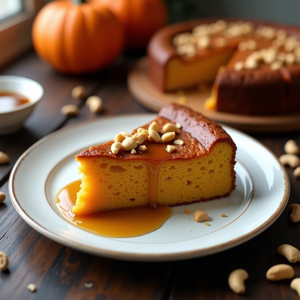 Tarta de calabaza y anacardos sin gluten en molde redondo, base dorada de anacardos triturados y relleno cremoso naranja con especias, decorada con anacardos picados y canela.