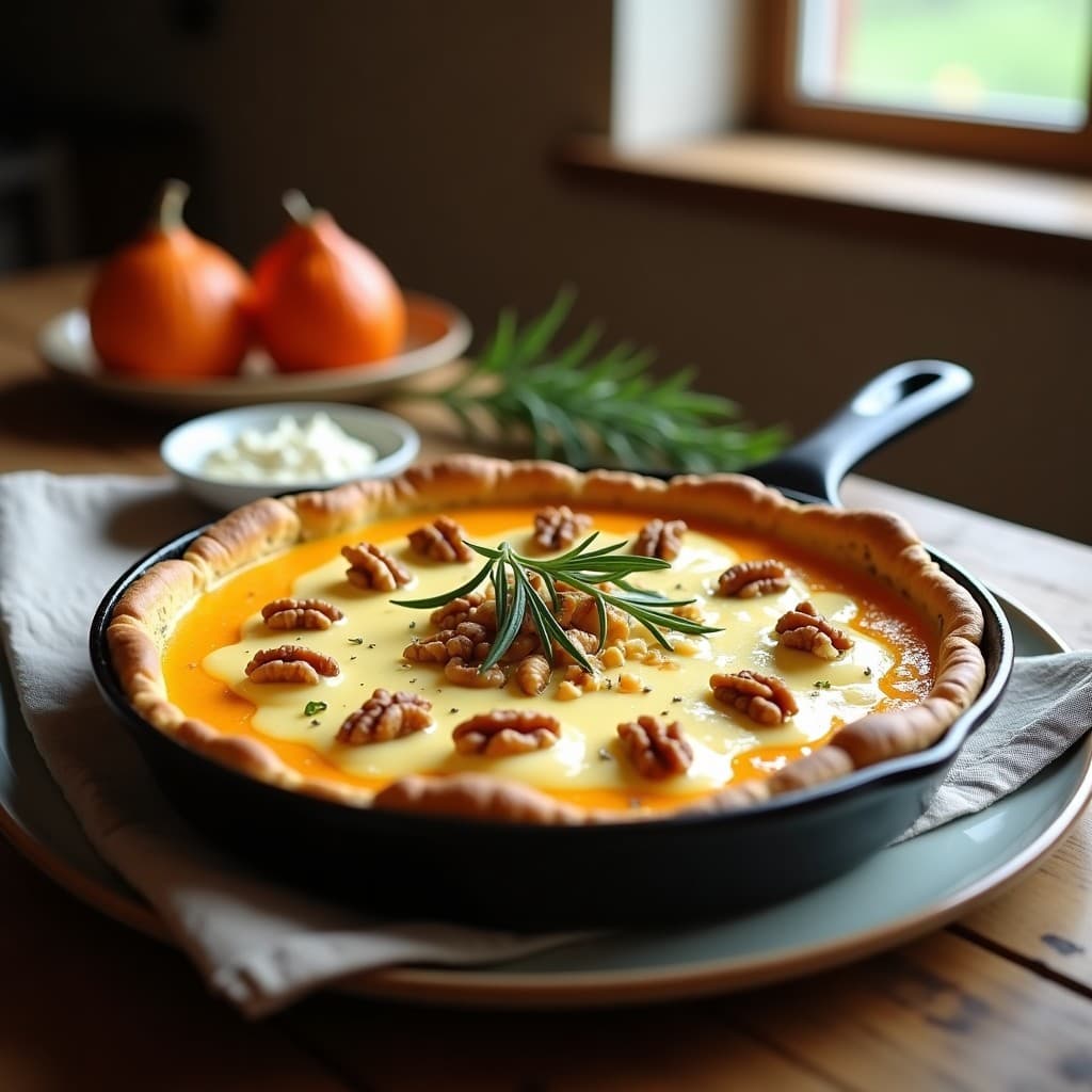 Tarta de calabaza kabocha y gorgonzola sin harina en sartén, con trozos dorados de calabaza, gorgonzola derretido y nueces picadas, servida en plato rústico con romero fresco.