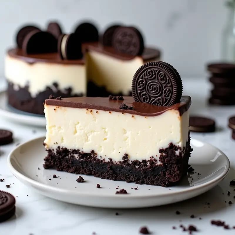 Cheesecake de Oreo sin horno en molde transparente, con base oscura de galleta triturada y relleno cremoso blanco. Decorado con Oreo enteras y trituradas por encima, sobre fondo de mármol con migas de galleta esparcidas.