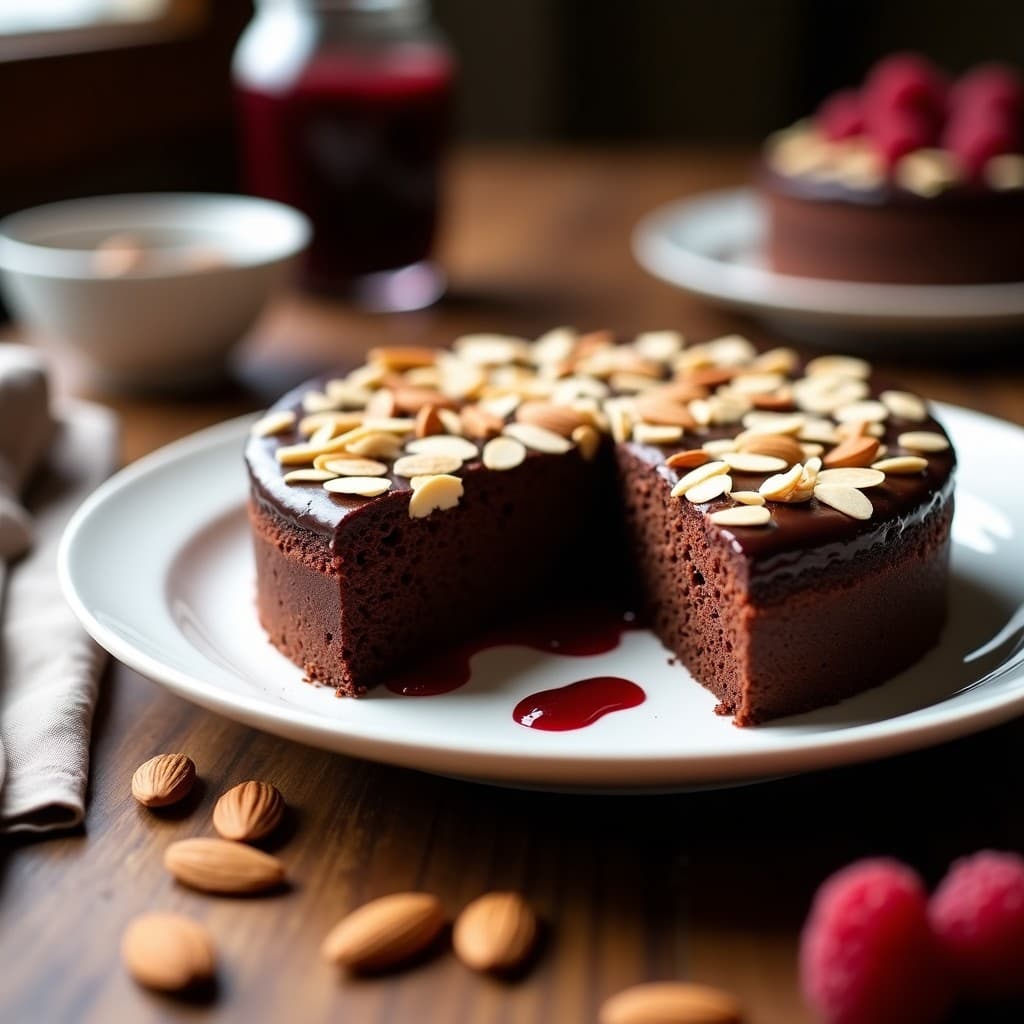 Tarta de chocolate y almendras keto sin harina en Thermomix, con superficie dorada y almendras fileteadas, servida en plato blanco con coulis de frambuesa.