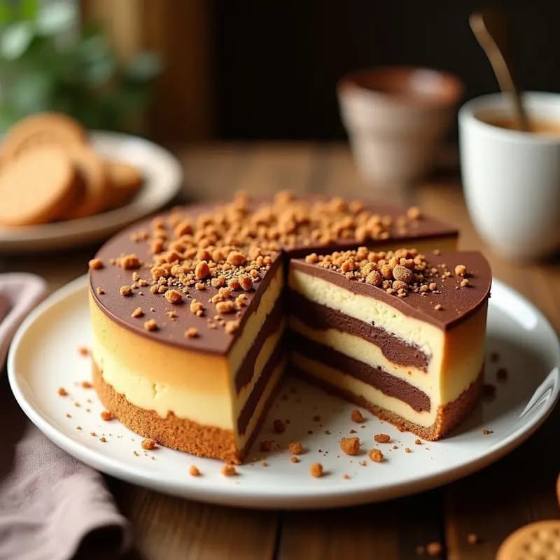 Tarta de galletas María con Nutella y levadura en molde redondo, cortada en porciones, mostrando capas esponjosas y crema de cacao brillante, servida sobre plato blanco con galleta triturada espolvoreada.