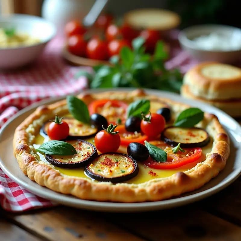Tarta salada mediterránea sin gluten con base dorada de avena y chía, capa cremosa de hummus de lentejas y verduras asadas (calabacín, pimiento rojo y berenjena) dispuestas en espiral. Decorada con aceitunas kalamata y hierbas provenzales, sobre fondo rústico de madera.