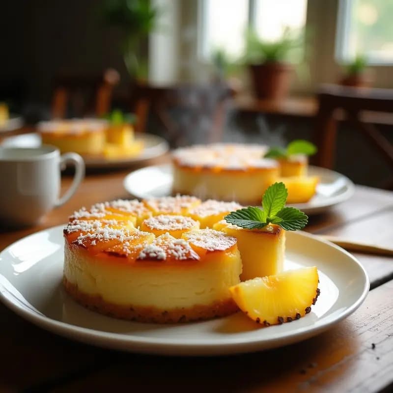 Tarta invertida de piña colada sin azúcar servida en plato blanco, con rodajas de piña caramelizada en la parte superior, bizcocho dorado esponjoso y coco rallado espolvoreado.