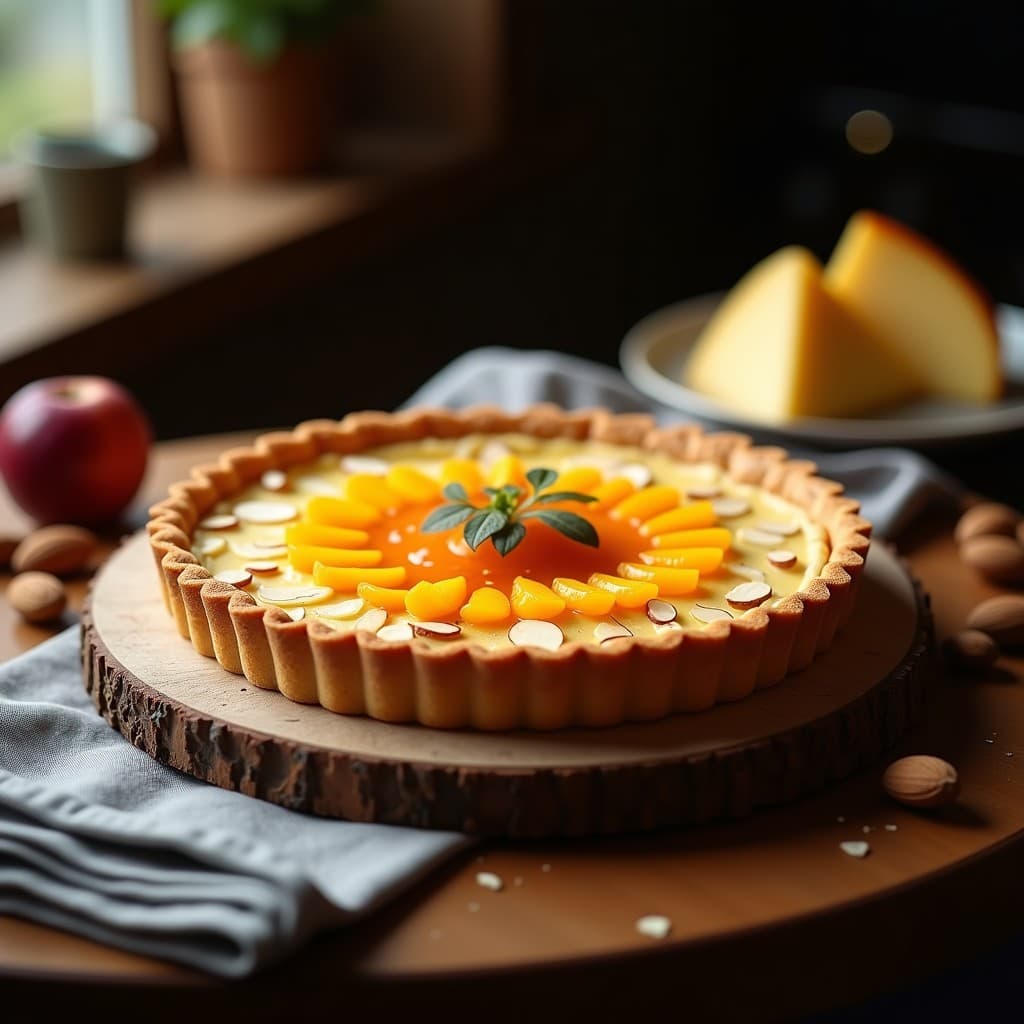 Tarta keto española con base dorada de almendra, relleno cremoso de queso Manchego rallado y capa intermedia de dulce de membrillo, decorada con almendras fileteadas y rodajas finas de membrillo.