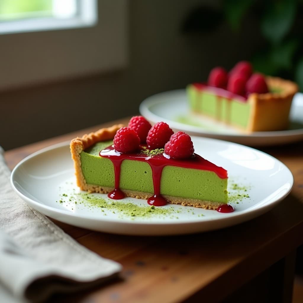 Tarta de matcha y quinoa con base dorada crujiente de quinoa inflada y almendra, relleno cremoso verde de matcha y aguacate, decorada con salsa brillante de frambuesa y frambuesas frescas. Postre japonés sin gluten y sin azúcar.